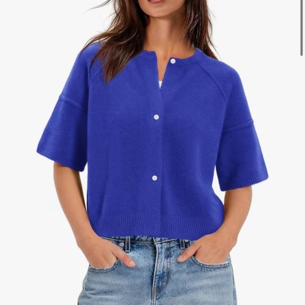 Nirovien Women's Royal Blue Cropped Cardigan Sweater Short Sleeve – Small – NWT